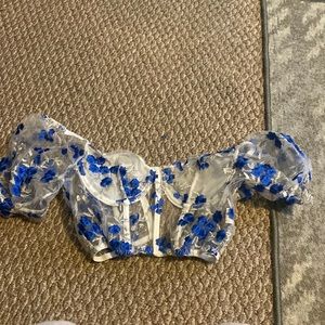 Blue and white laced crop top